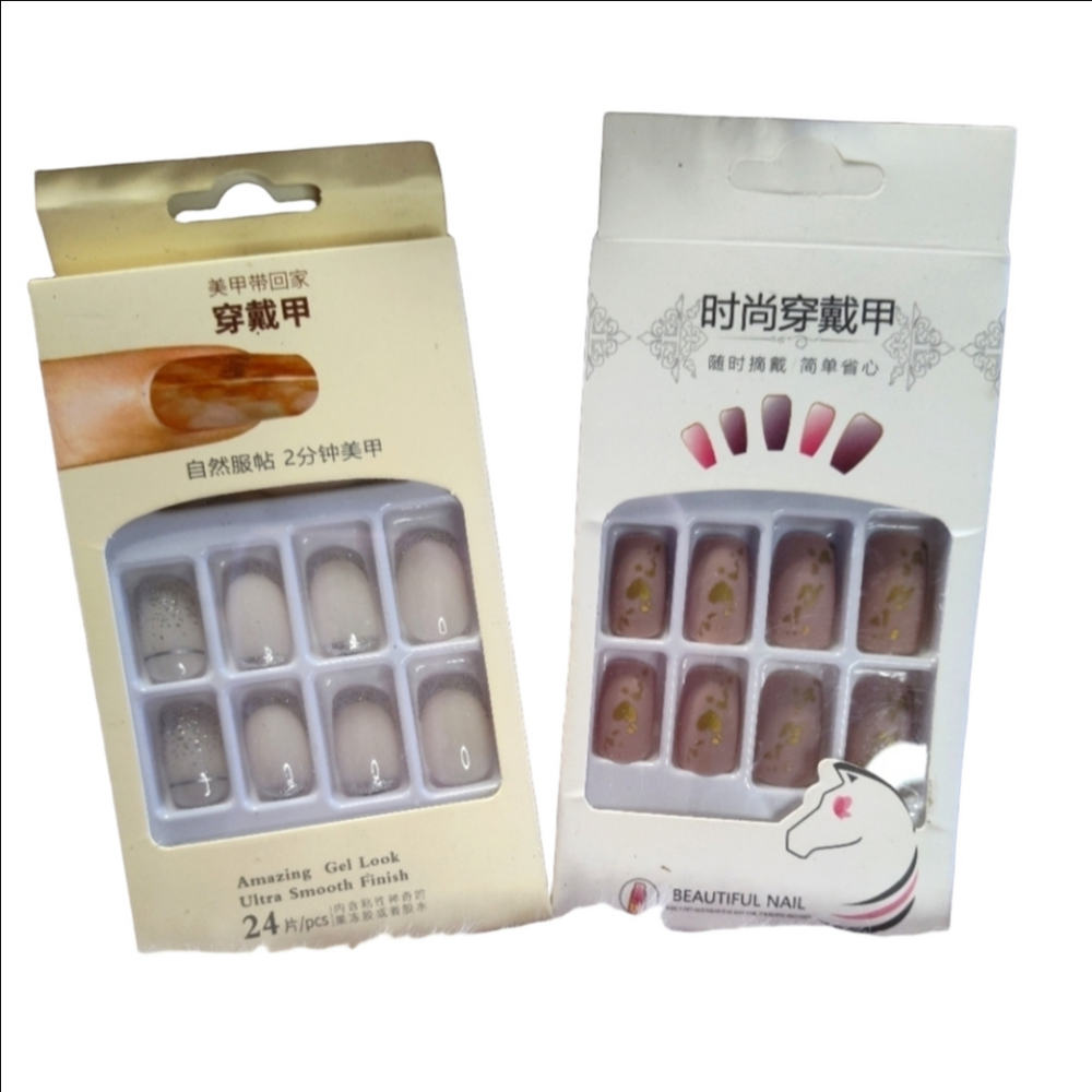 Pack of 2 Beautiful Nails medium square pink, white, and silver false nails NWT